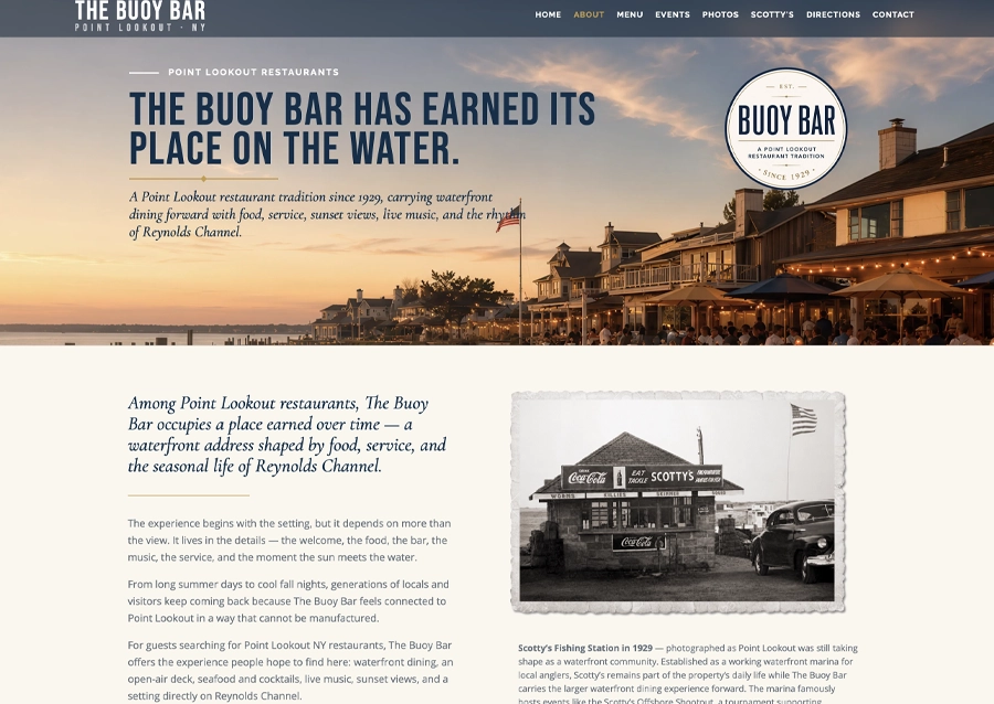 The Buoy Bar waterfront restaurant website design for Point Lookout, New York